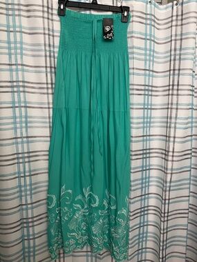 Smocked Waist Embroidered Maxi Dress - Teal